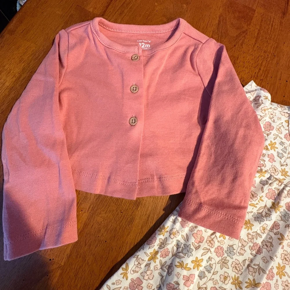 Carters Baby Girl Cotton Dress With Cardigan Sweater 12M Pink Floral NEW